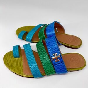 Tory Burch Multi Color Toe Ring Leather Strappy Slide Sandals 5.5M Blue Green